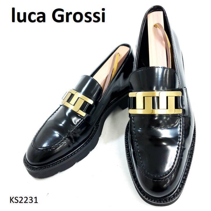 ルカグロッシ　金具　ビット　美品　ガラスレザー　EU36　イタリア製　ブラック