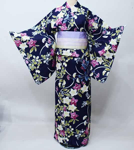 浴衣 単品 女性用 綿100％ 4Lサイズ 適応身長170-180cm 濃紺色地