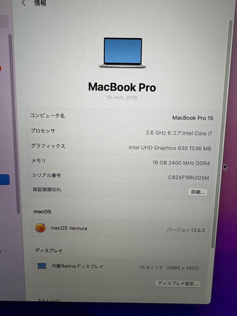 Macbook pro 2018 15インチ i7 16g 512SSD