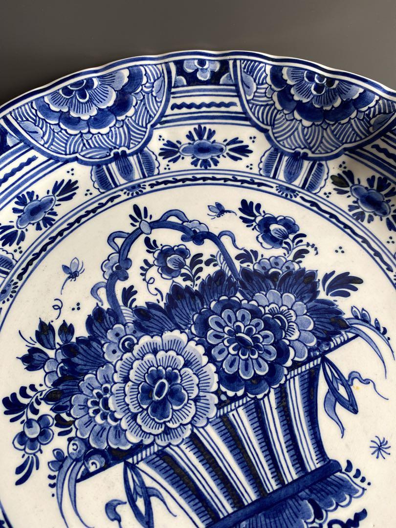 オランダ　和蘭デルフト陶　花籠文 大飾皿 33cm 大阪 尚美堂　共箱 オランダ 和蘭デルフト陶 花籠文 大飾皿 33cm 大阪 尚美堂 共箱 絵画