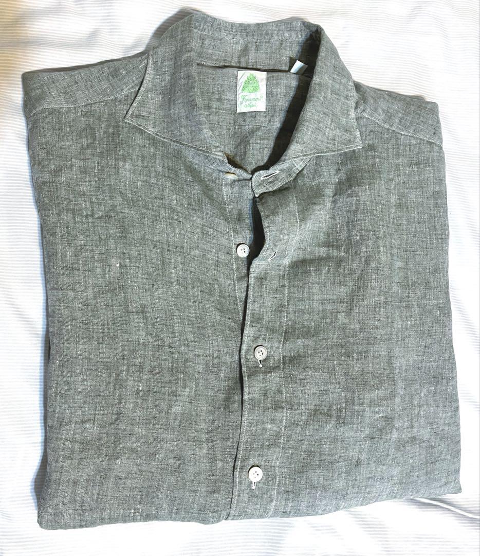 美品　フィナモレ　Finamore リネン　シャツ　グリーングレー　L