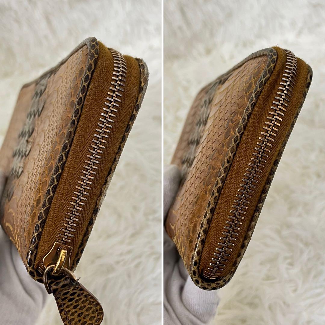 ボッテガヴェネタ 長財布 パイソン ブラウン イントレチャート ラウンドジップ