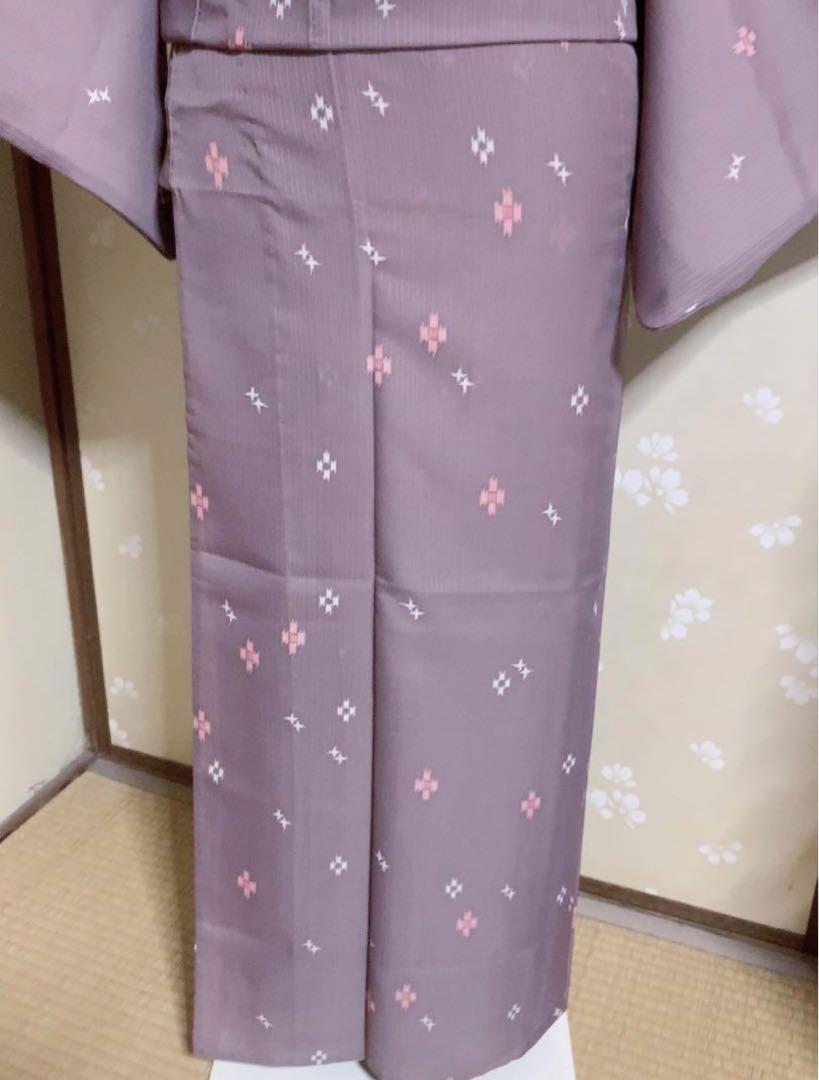 最大90％オフ - 特価 セール 紗 小紋 化繊 夏着物 嘘つき袖付き 葡萄鼠色 十字模様 単衣 着物・浴衣