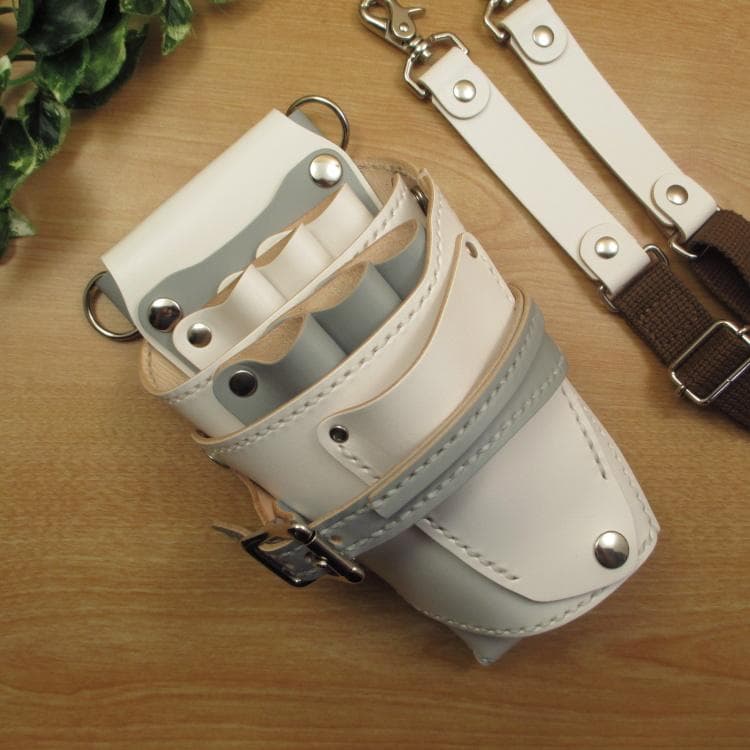 ホワイト&ライトグレー 6丁差し 本革シザーケース SCA-150 CWB新品、♥