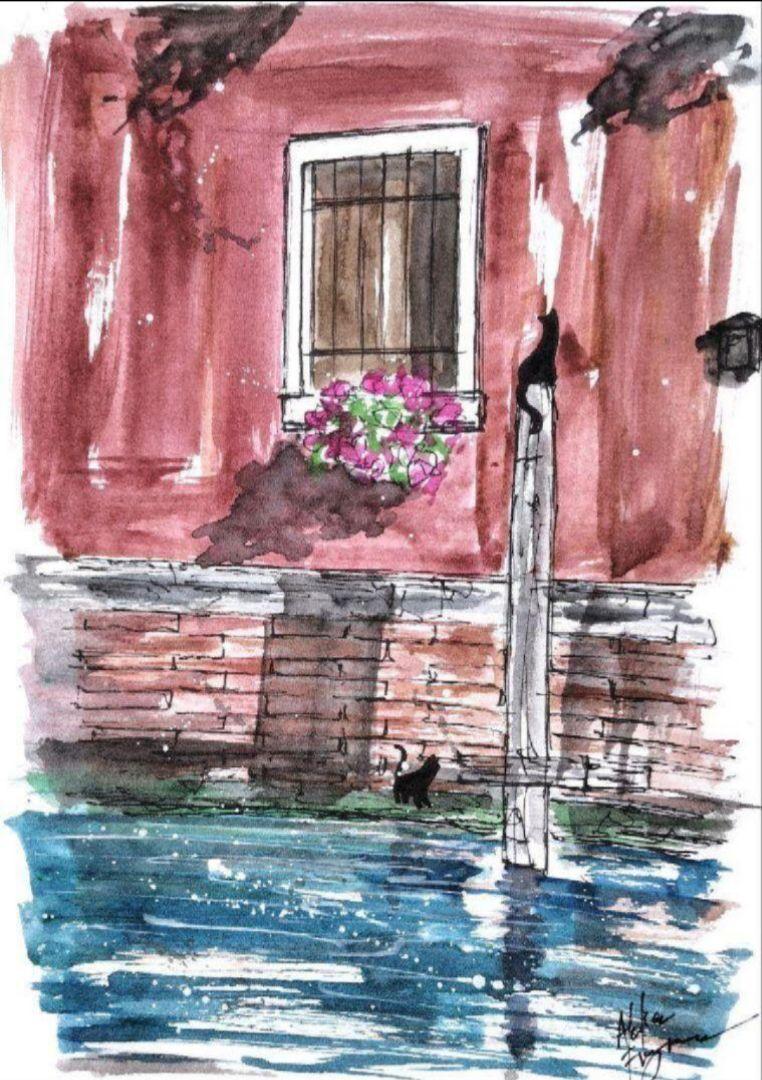 原画#3810 黒猫　カフェ　ベネチア　水彩画　ドローイング　絵画　絵　アート 原画#3219 ベネチア 雨 黒猫 水彩画 ドローイング インテリア 花