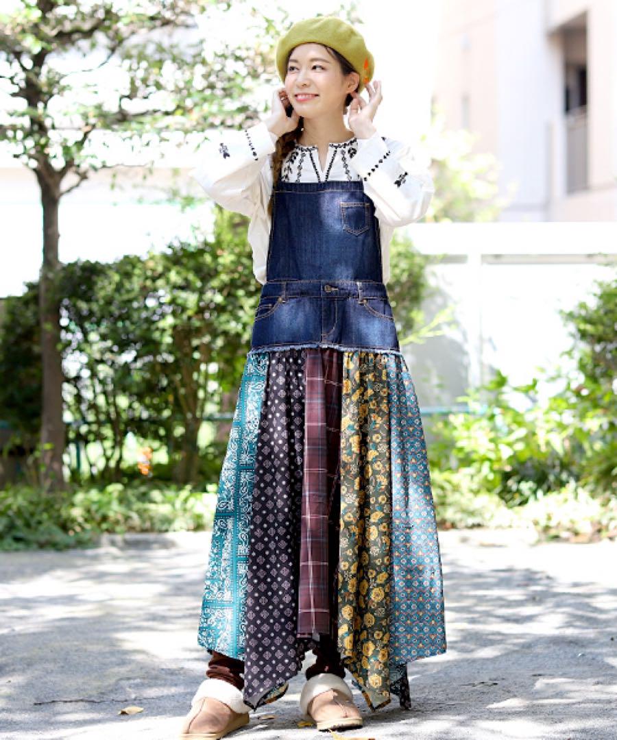 タグ付き あちゃちゅむ パッチワーク巻きスカート XXL 160 TITICACA】チチカカ タグ付 パッチワーク×デニム ジャンパー