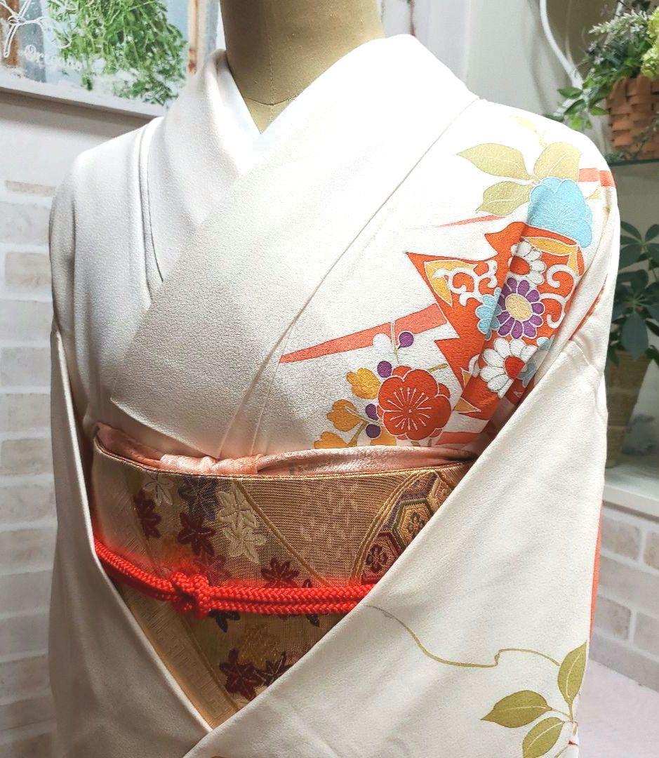 クリーム色松皮菱訪問着と袋帯・帯揚げ帯締めの4点フルセット