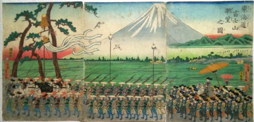 浮世絵、東海道富士山眺望之圖三枚綴り、歌川芳宗画