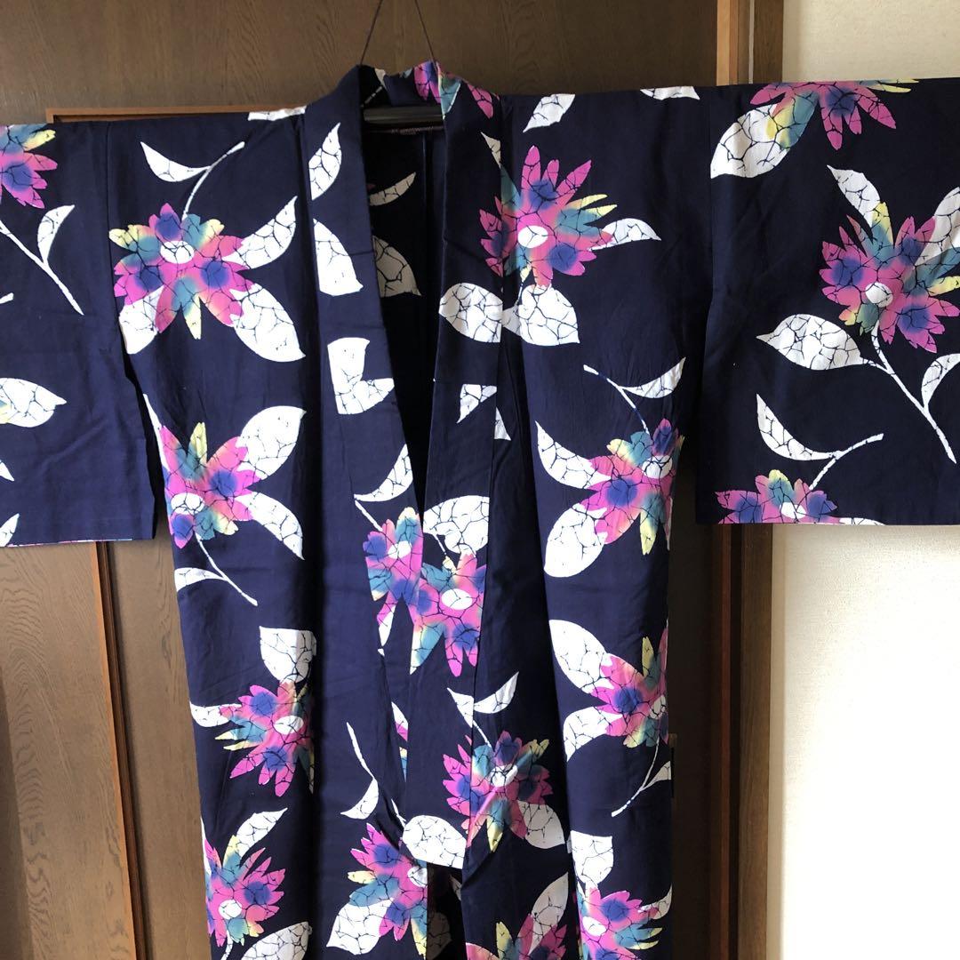 紺色花柄浴衣・HANAEMORI黄色リボン帯手提げ、髪飾りセット