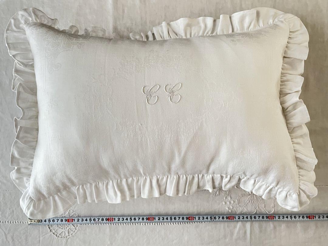 【美品】フランスアンティーク CCモノグラム入 クッションカバー[2293]