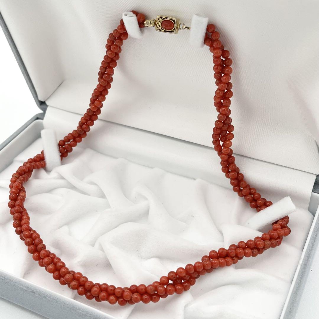【美品】珊瑚 3連 ネックレス 29.3g 約46cm 血赤珊瑚 レッド