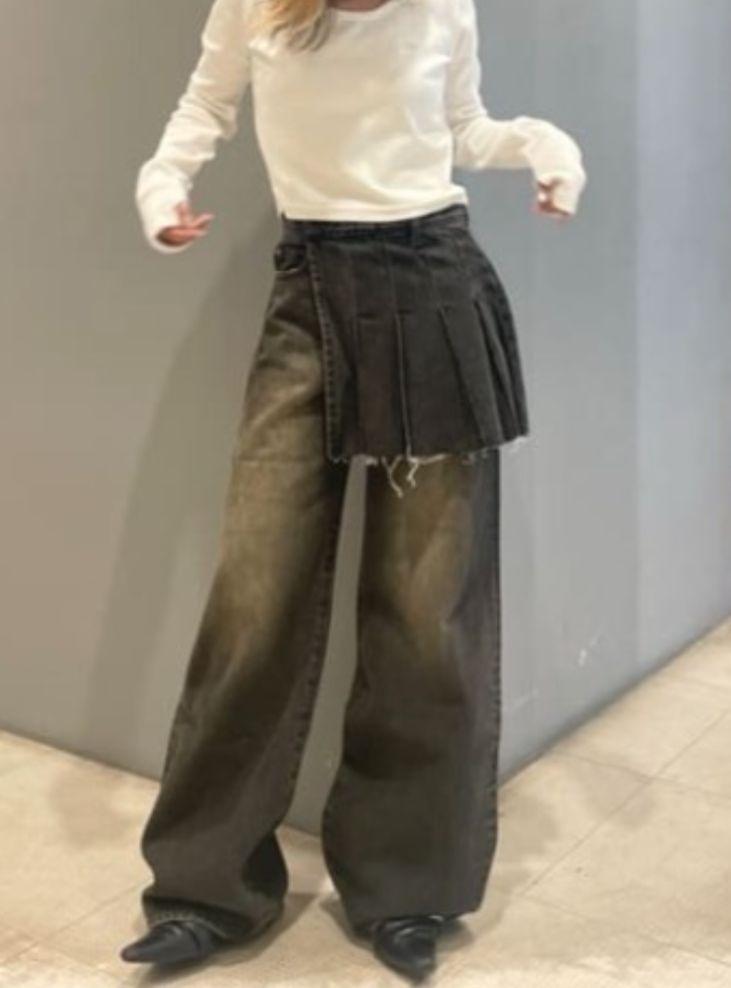 LAGUA GEM　プリーツドッキング　デニム　ブラック　XSサイズ