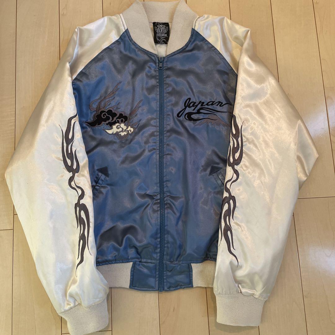 スカジャン　青×白　雷神　JAPAN