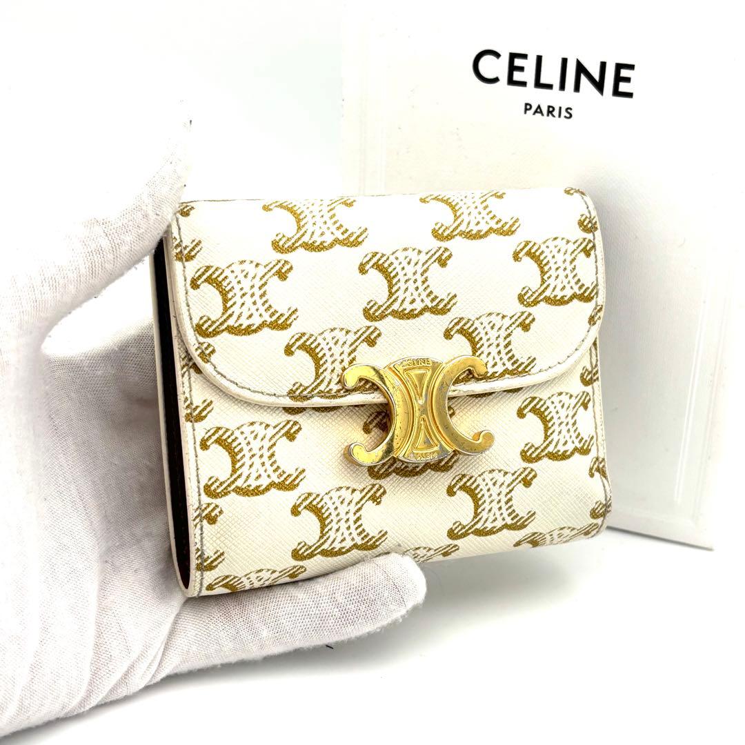セリーヌ 財布 トリオンフ スモールフラップウォレット 白 総柄CELINE