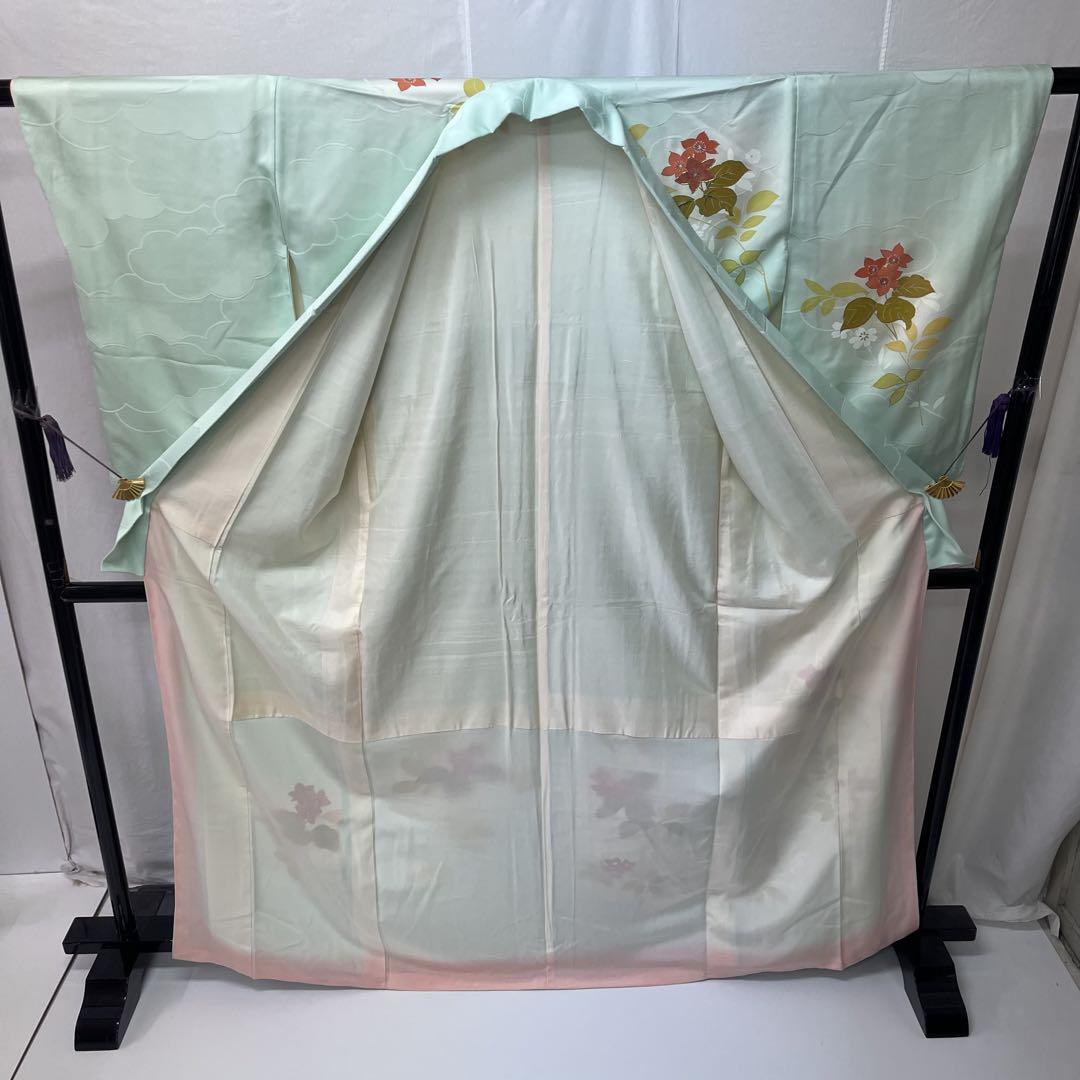 付下げ 金駒刺繍 金彩 暈し 華文様 バチ衿 地模様 雲 正絹 k474