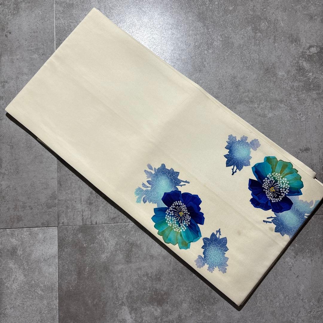 塩瀬 袋帯 花柄 青 着物 帯目立った傷や汚れなし