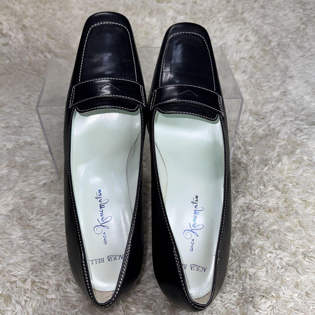 美品】銀座かねまつ AQUA BELL本革ヒールローファー ブラック