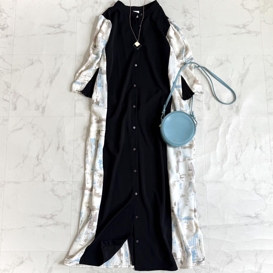 美品＊HARE 柄切替ロングシャツワンピース 黒 バンドカラー 定価1.1万円