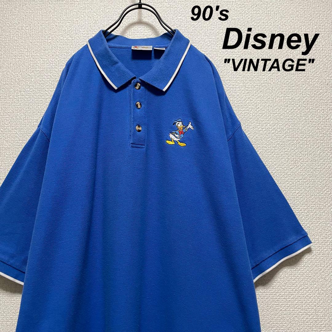 90sヴィンテージ ディズニーポロシャツ ワンピース丈 襟ライン 青 ドナルド