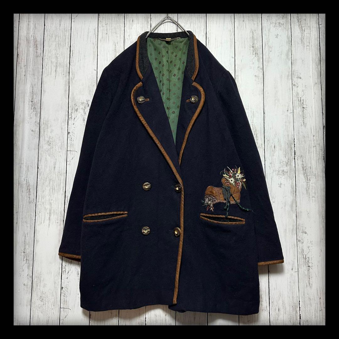 【カシミア混ウール☆チロリアン☆ダブルジャケット】ユーロヴィンテージ☆刺繍☆紺