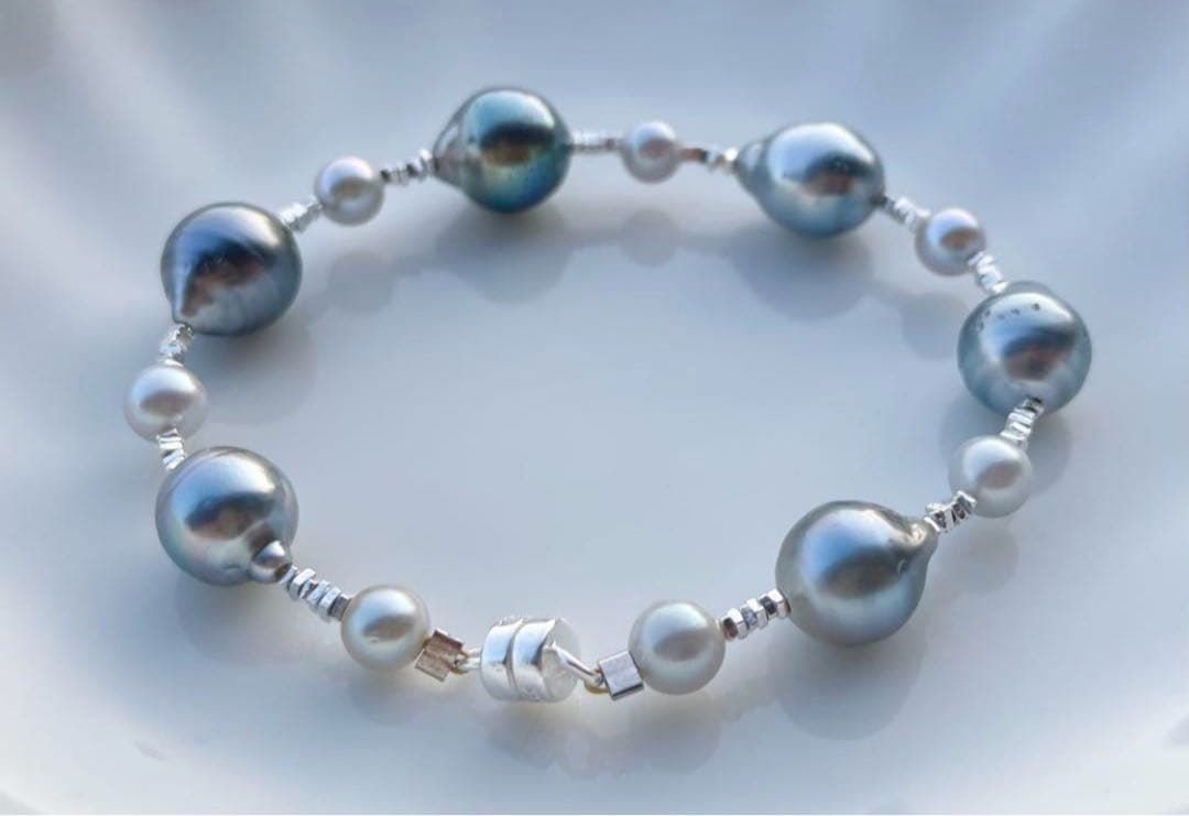 黒蝶真珠 タヒチ あこや真珠シルバー ブレスレット s925 ハイブランド感