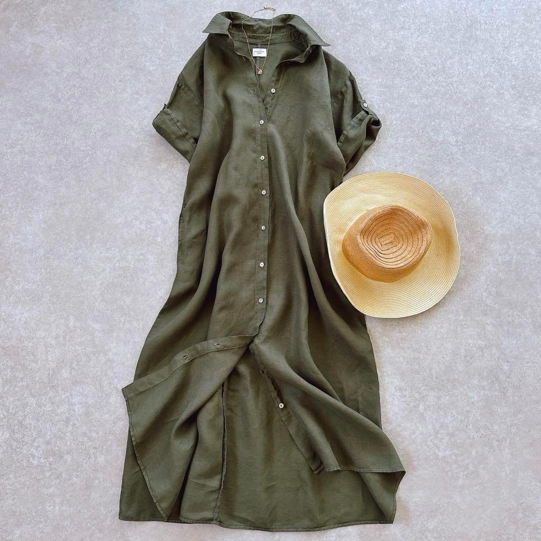 美品 ドアーズ 24SS リネン シャツ ロングワンピース 体型カバー 洗える