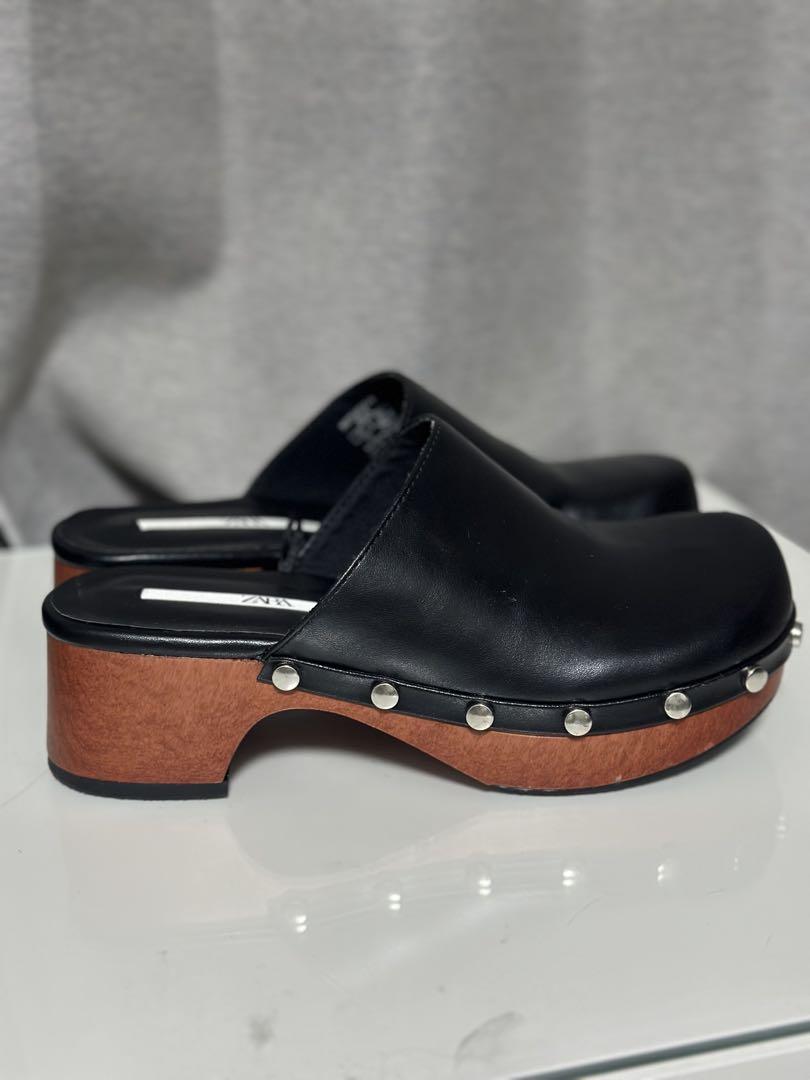 ZARA 黒 レザー スタッズ付き サボ サンダル - メルカリ