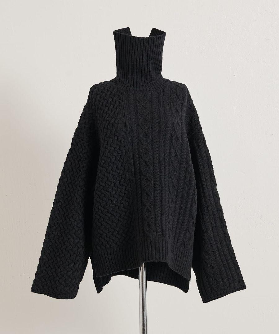 ブラック イアパピヨネ　SUM1STYLE　ケーブルブロッキングタートルニット