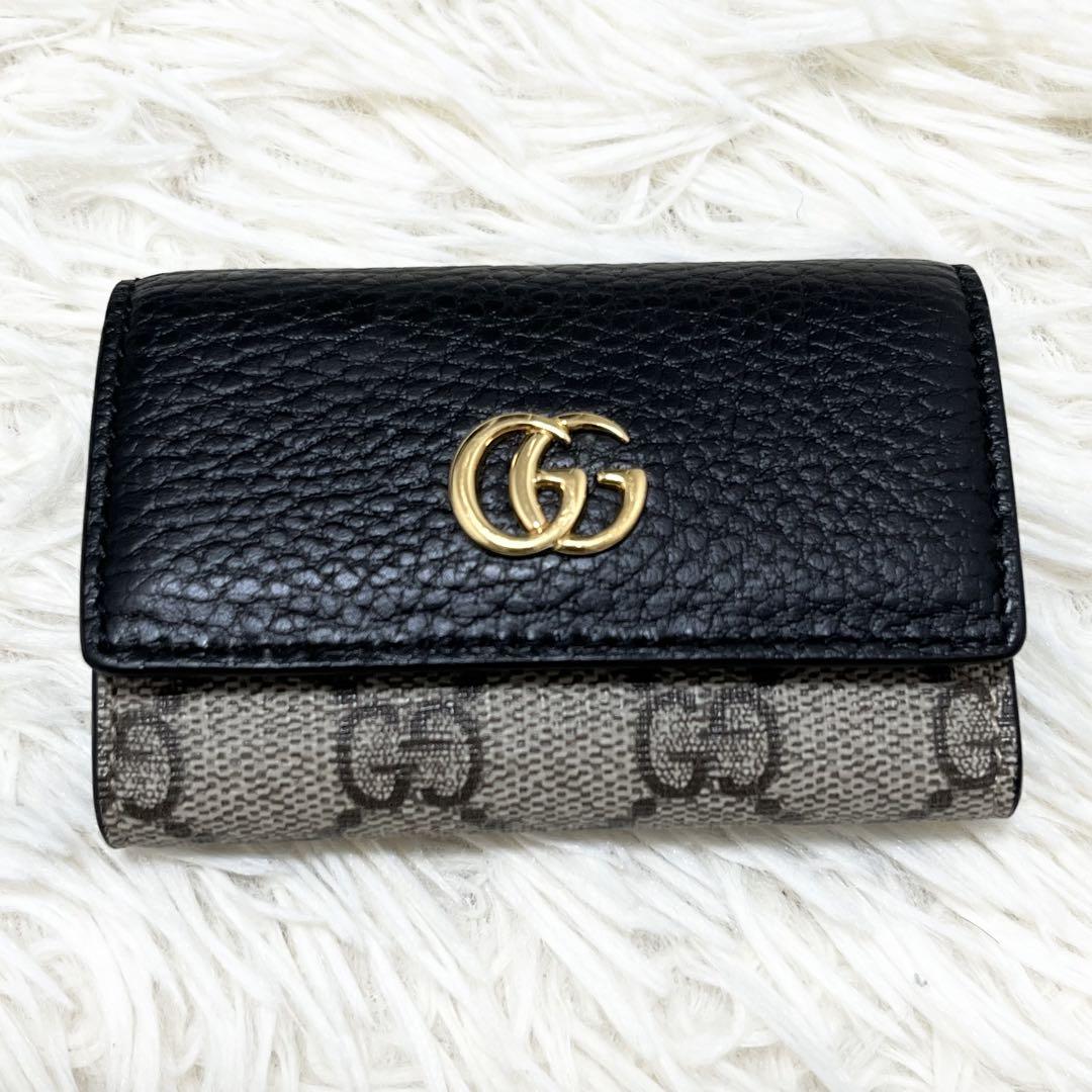 未使用級　グッチ　キーケース　スプリーム　マーモント　金具　GG 黒　レザー 訳あり極美品✨グッチ◇キーケース ゴールド金具マーモント