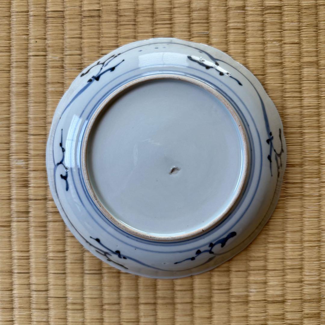 古伊万里 染付 桃と草花図 六寸皿 輪花皿 江戸時代 藍九谷 柿右