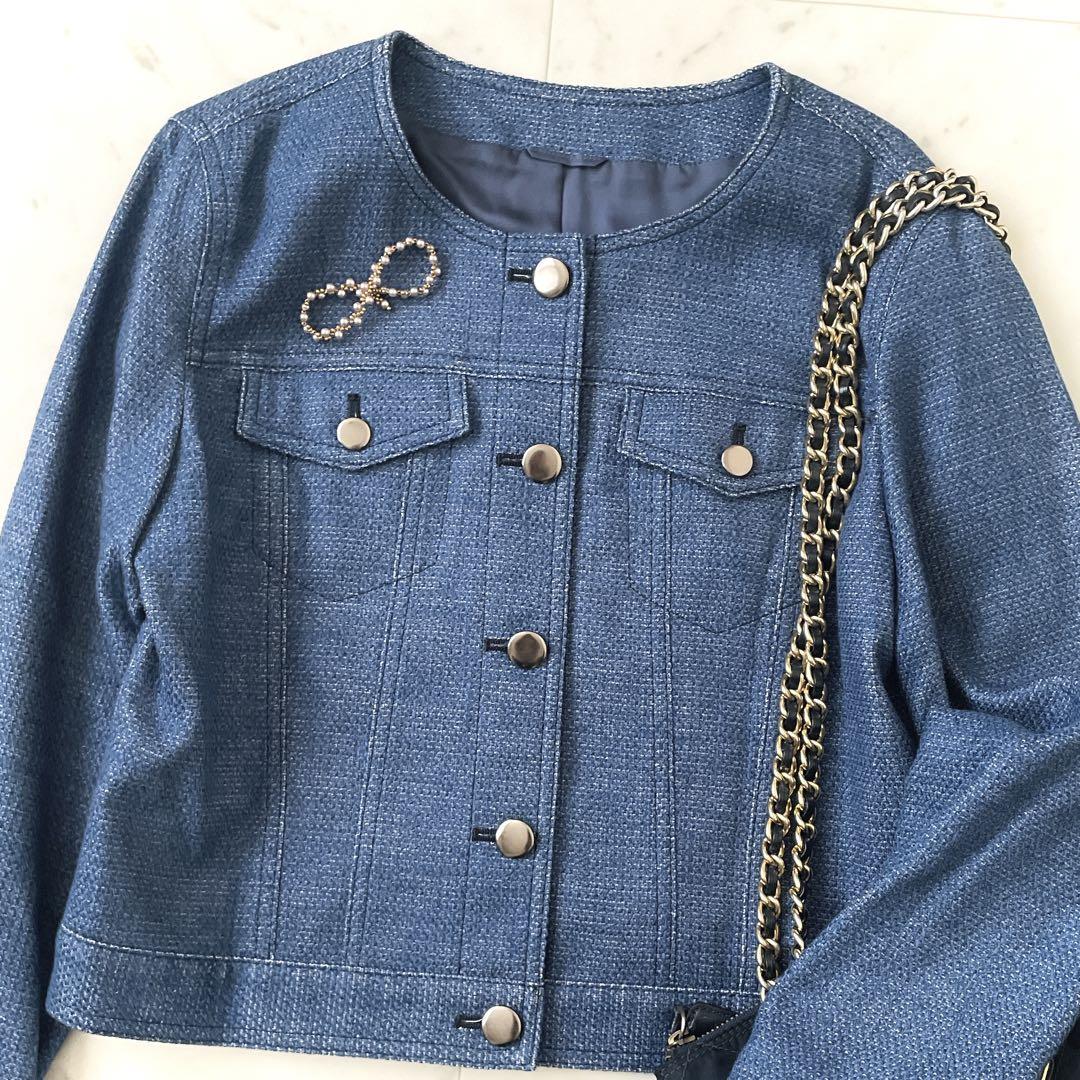 美品 アナイ デニム風 ノーカラー ジャケット ブルゾン ブルー
