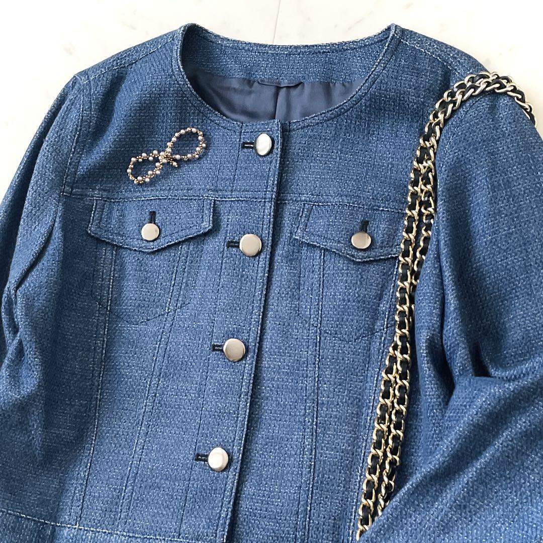 美品 アナイ デニム風 ノーカラー ジャケット ブルゾン ブルー