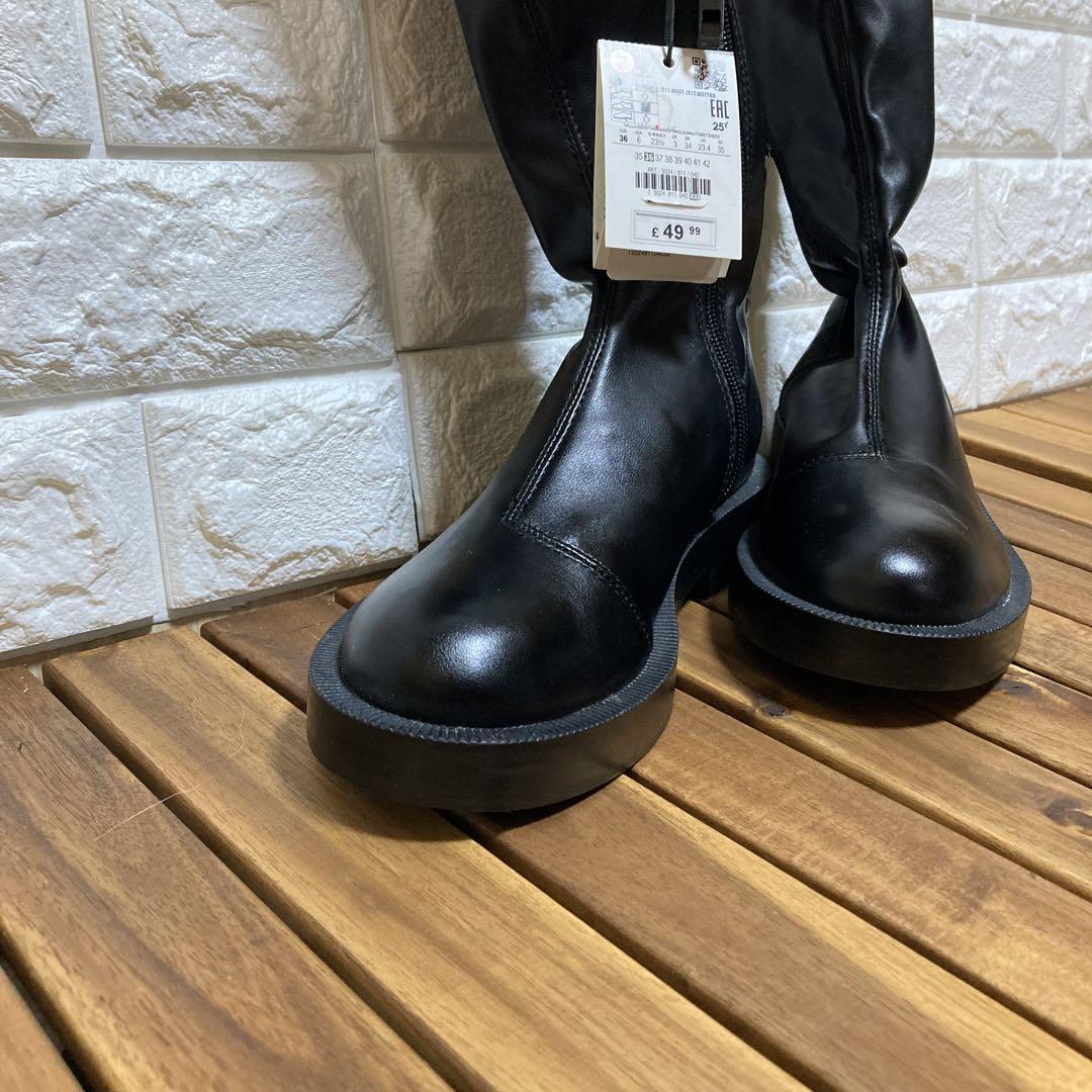 ZARA ザラ ブラックフラットブーツ トールストレッチ　ニーハイブーツ　新品 ZARA ザラ ブラックフラットブーツ トールストレッチ ニーハイ