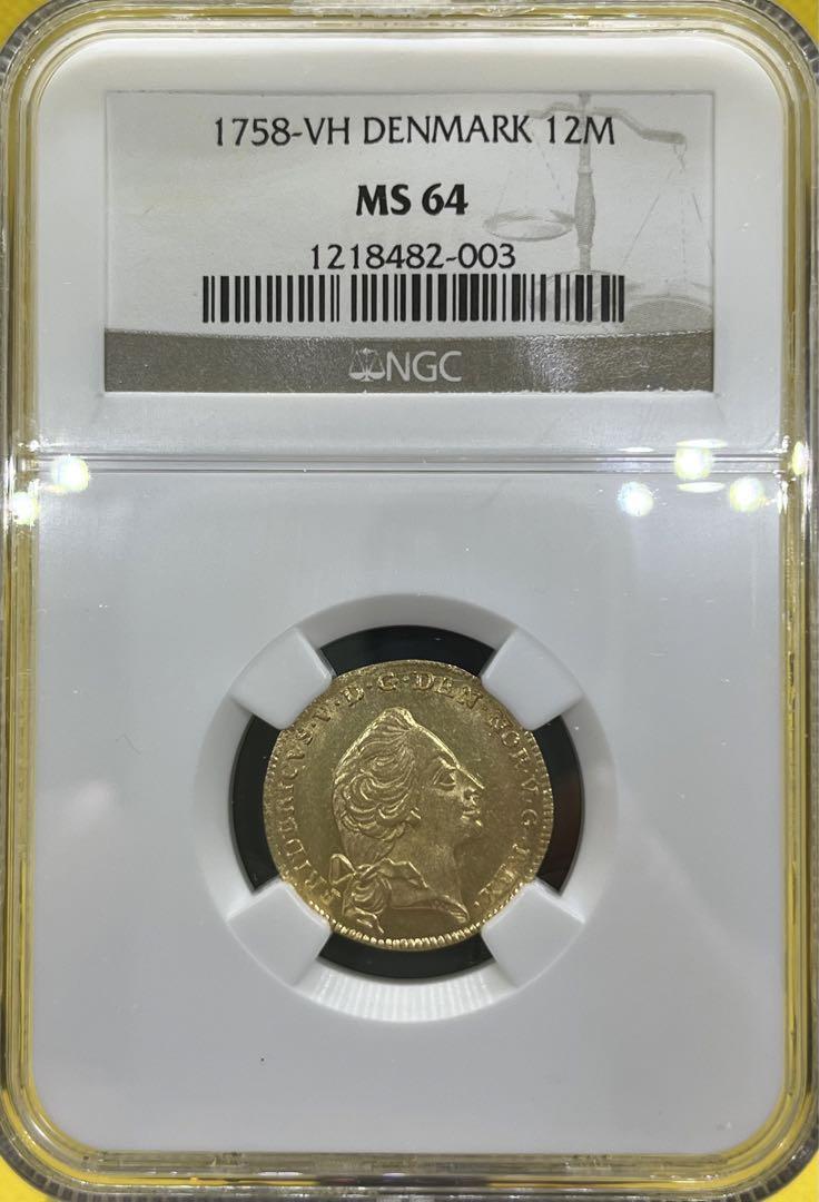 デンマーク 1758年 フレデリック5世 12マルク NGC鑑定 MS64
