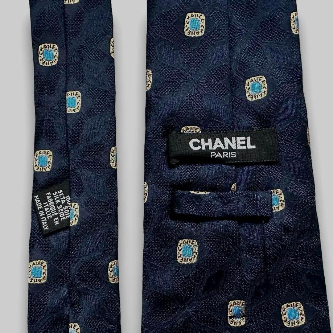 美品✨CHANEL ネクタイ　シャネル ジャガード　宝石　ロゴ　ネイビー