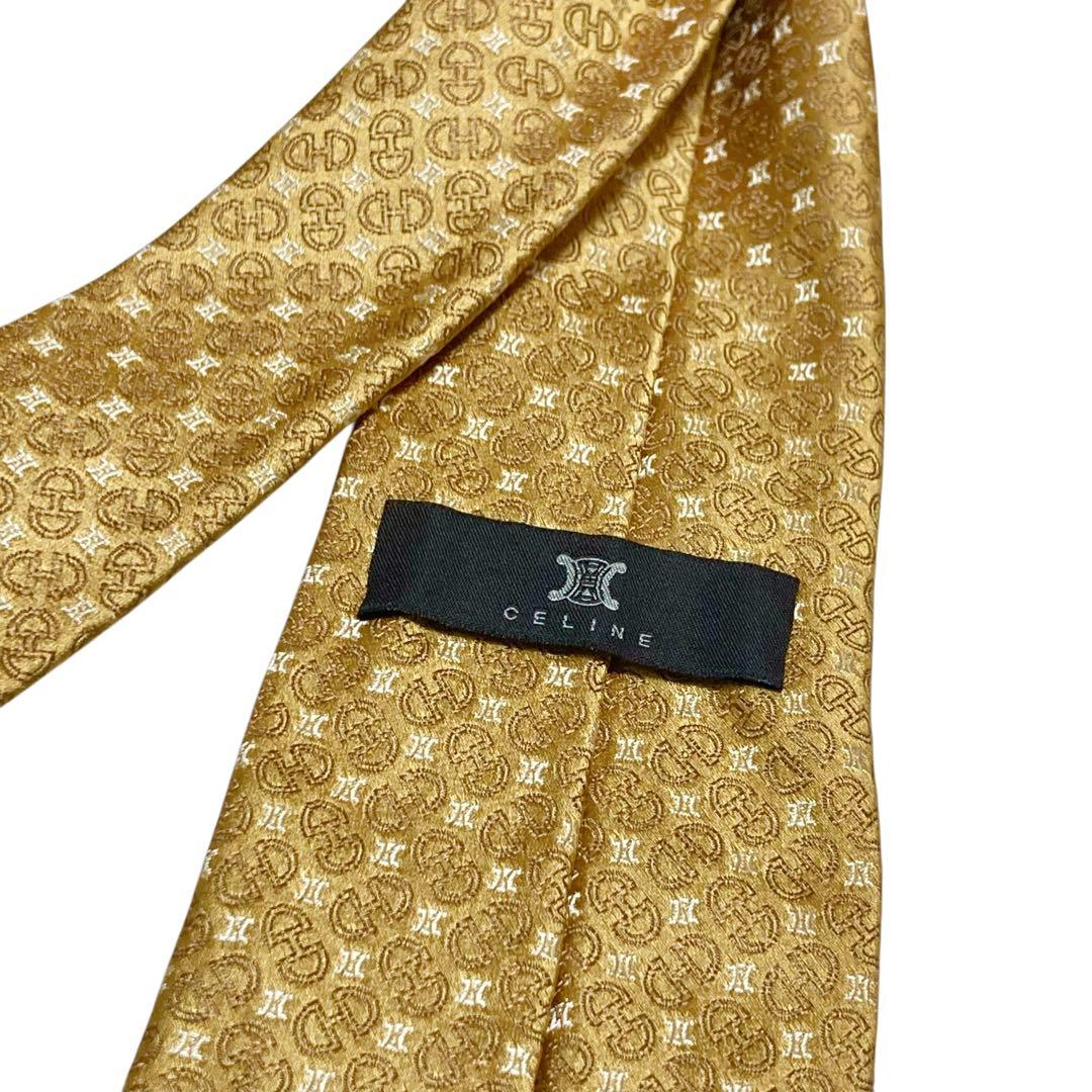 未使用級　セリーヌCELINE ネクタイ マカダム　ゴールド　光沢　厚手
