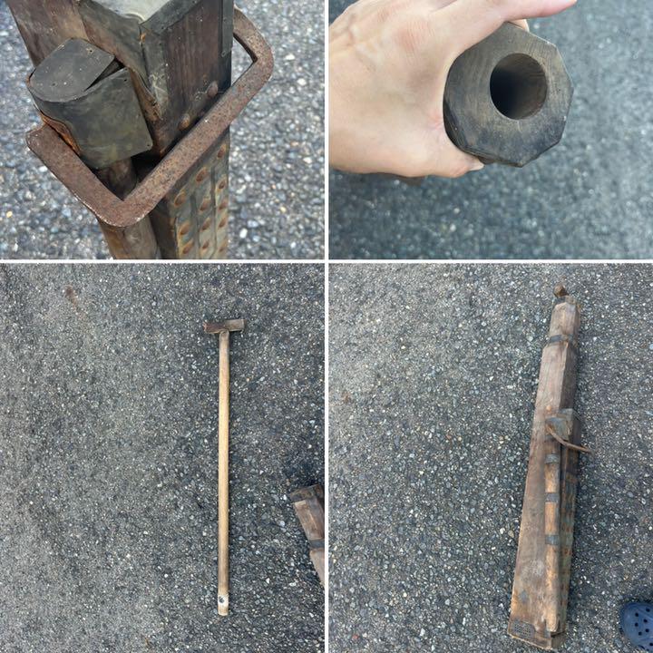 古い木製と銅打ち飾りのポンプ？　京都から出たお品　防火　画像でご判断下さい