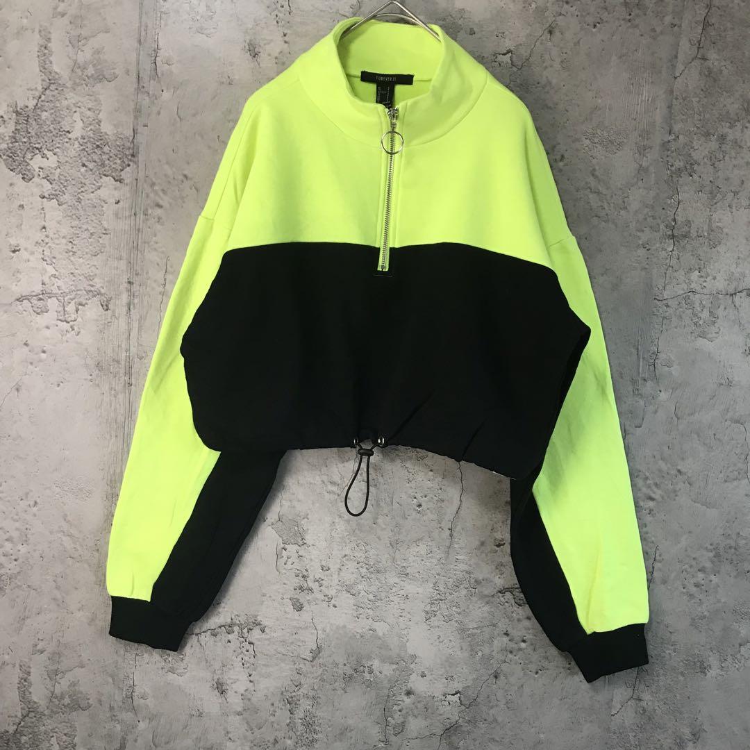 Y3108古着 トレーナー スウェット ハーフジップ ライム 黒 90s Y2K