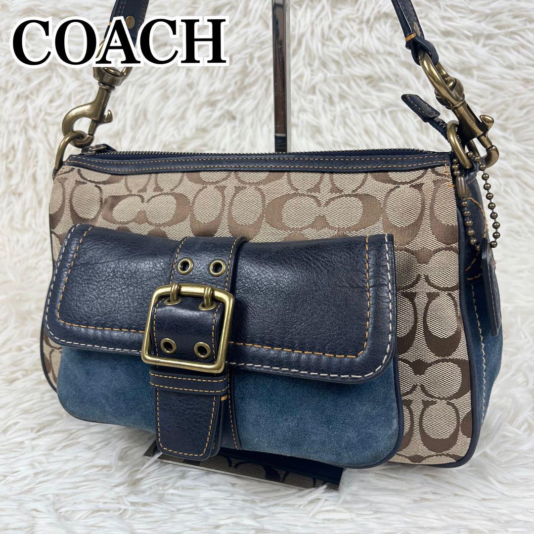 ◎y2k◎ COACH Patent ハンドバッグ 肩掛け シャイニーブルー 美品】COACH コーチ ワンショルダー シグネチャー 青 肩掛け y2k