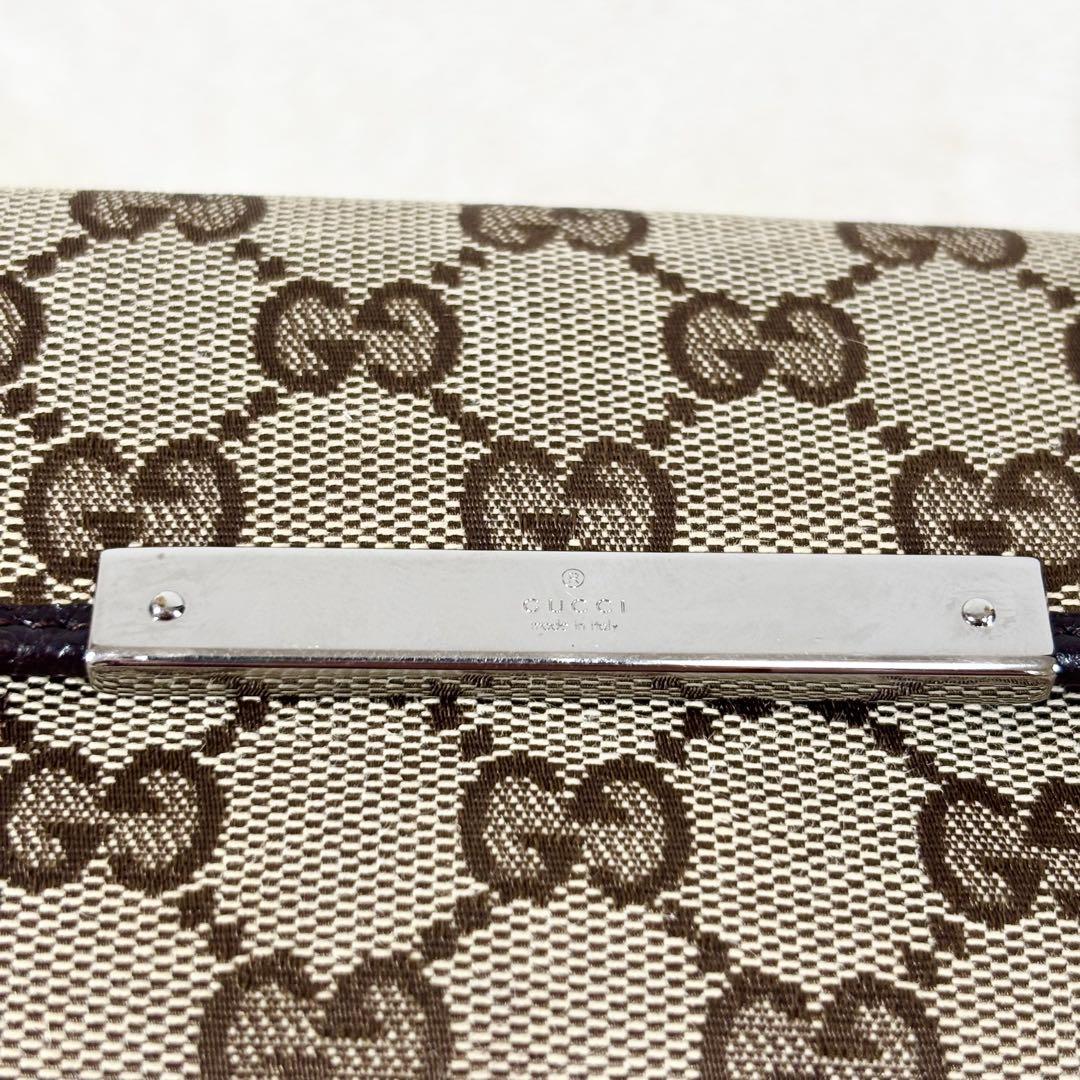 美品 グッチ 長財布 フラップ式 GG キャンバス シルバープレート ブラウン