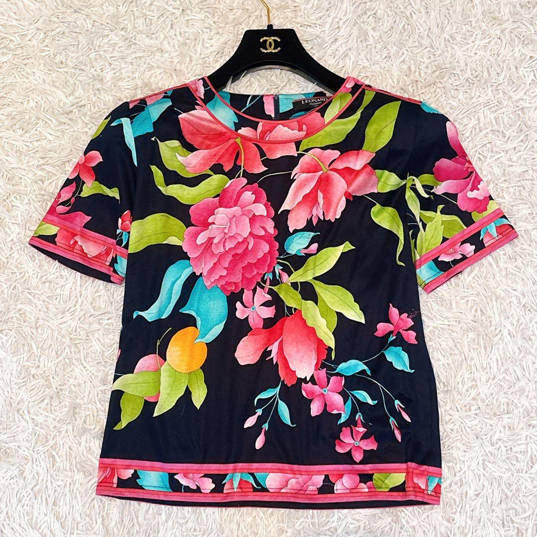 ❁ 級 レオナール 半袖 ブラウス カットソー トリム 花柄 レディースL LEONARD