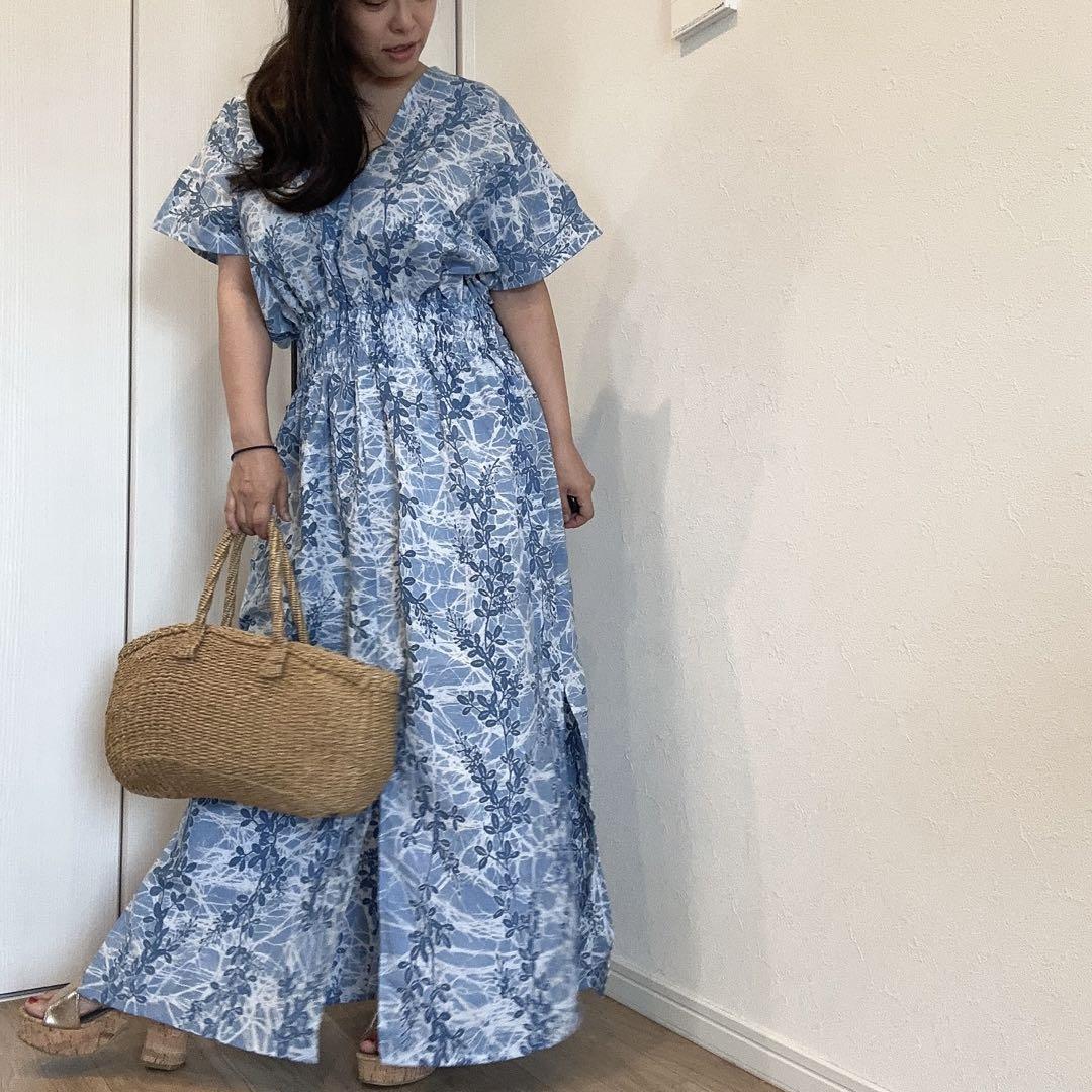 竺仙　浴衣　リメイク　コーマ地　ワンピ　  ハンドメイド　ロング　水色