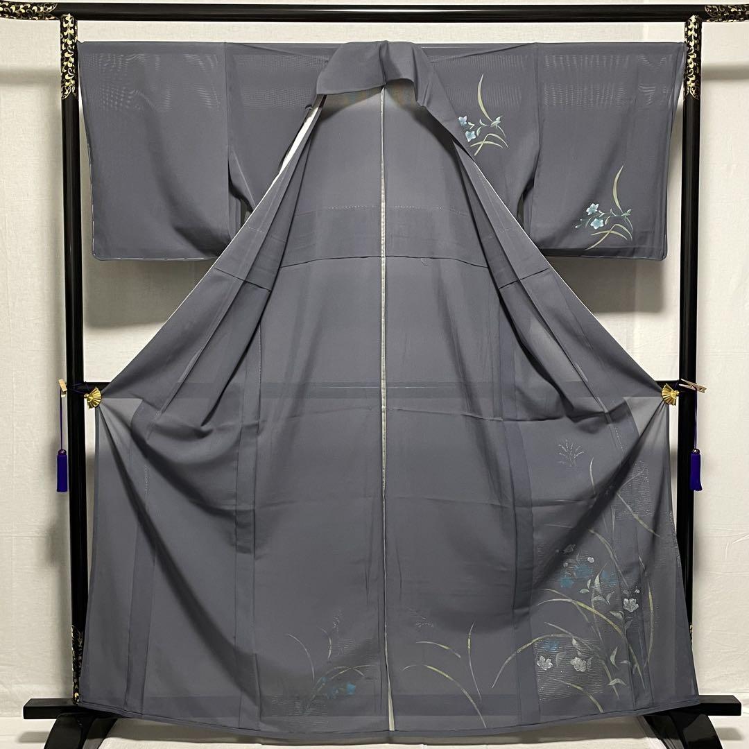 D145 夏着物　訪問着　グレー　桔梗　すすき　絽　正絹　未使用極美品 D145 夏着物 訪問着 グレー 桔梗 すすき 絽 正絹 未使用極美品