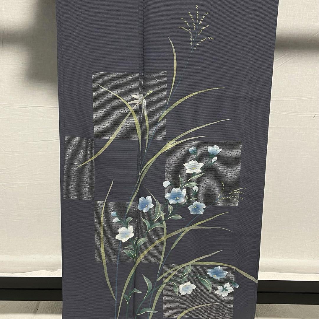 D145 夏着物　訪問着　グレー　桔梗　すすき　絽　正絹　未使用極美品