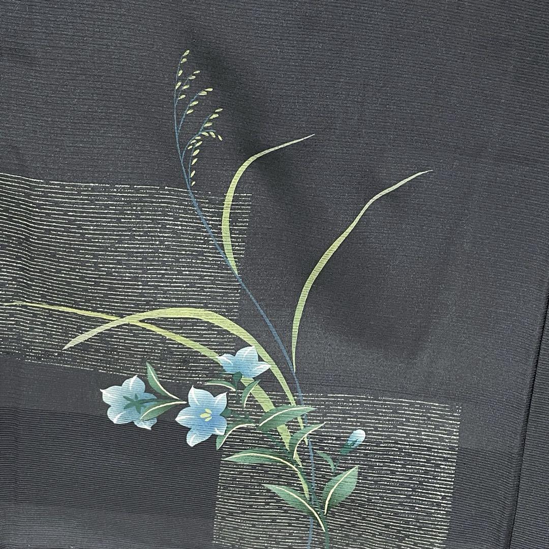 D145 夏着物　訪問着　グレー　桔梗　すすき　絽　正絹　未使用極美品