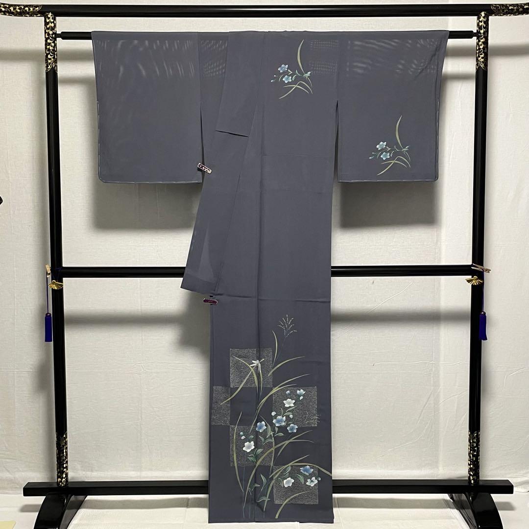 D145 夏着物　訪問着　グレー　桔梗　すすき　絽　正絹　未使用極美品