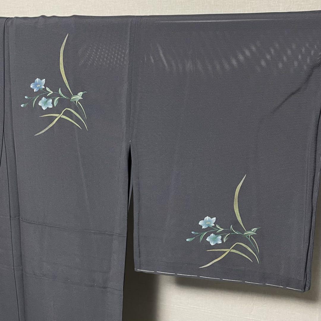 D145 夏着物　訪問着　グレー　桔梗　すすき　絽　正絹　未使用極美品