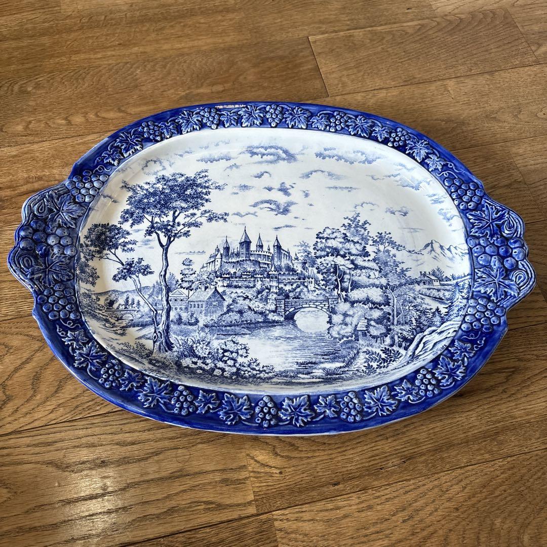 レトロ 青と白の風景画 陶磁器楕円大皿 - メルカリ
