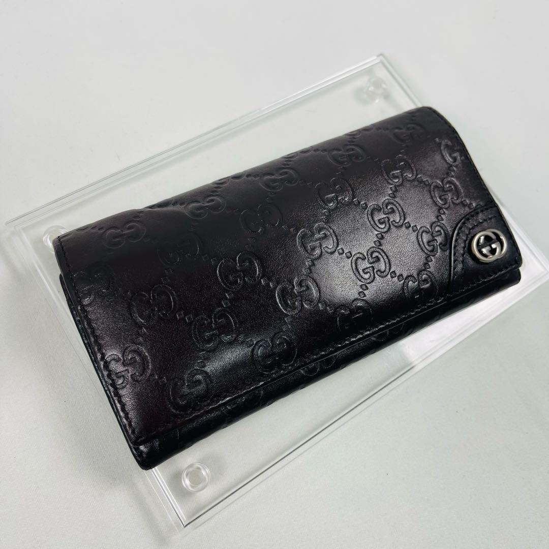 グッチ　美品！　長財布　インターロッキング　GGシマレザー　ロゴ　ブラウン