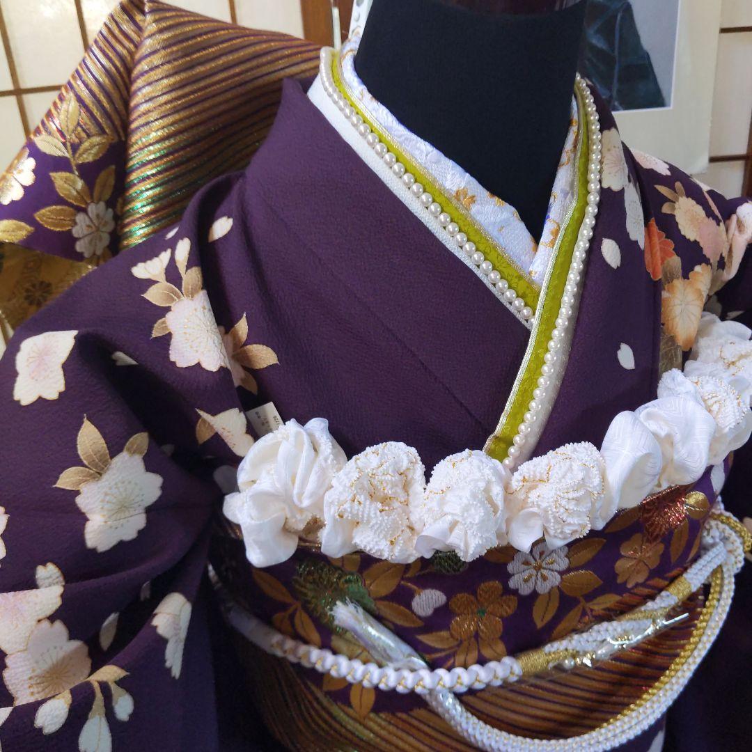 400古代紫 菊桜鮮やか【正絹振袖完全フルセット】成人式卒業式